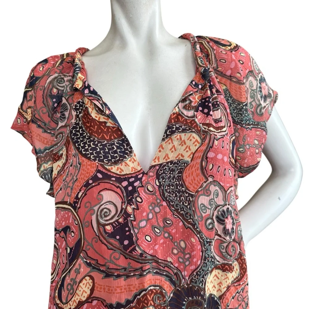 A.L.C. “June” Orange & Pink Paisley Floral 100% Silk Short Flutter Sleeve Top 10 - Picture 3 of 10